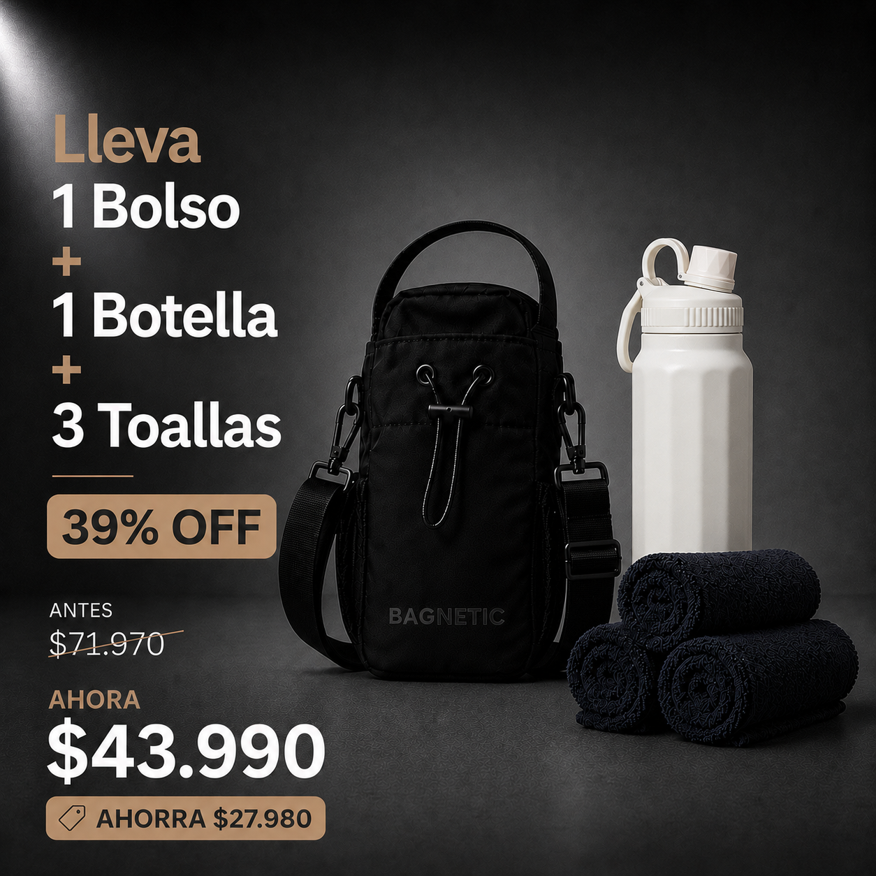 Pack Bolso Magnético Superior + Botella Inox 800 ml + 3 Toallas Negras