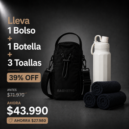 Pack Bolso Magnético Superior + Botella Inox 800 ml + 3 Toallas Negras