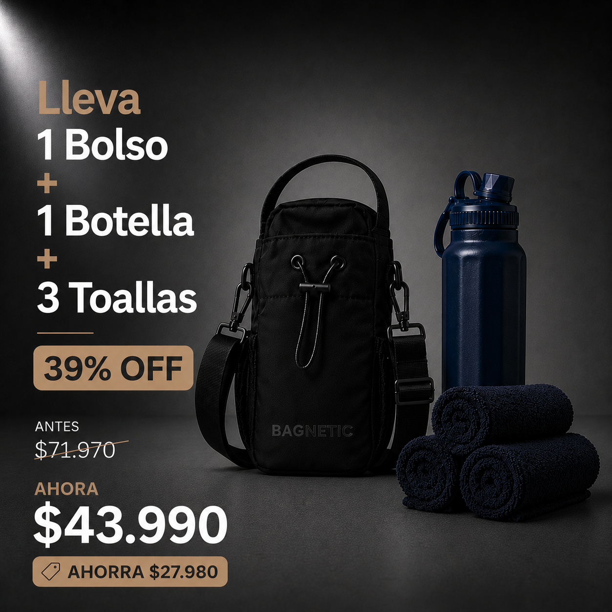 Pack Bolso Magnético Superior + Botella Inox 800 ml + 3 Toallas Negras