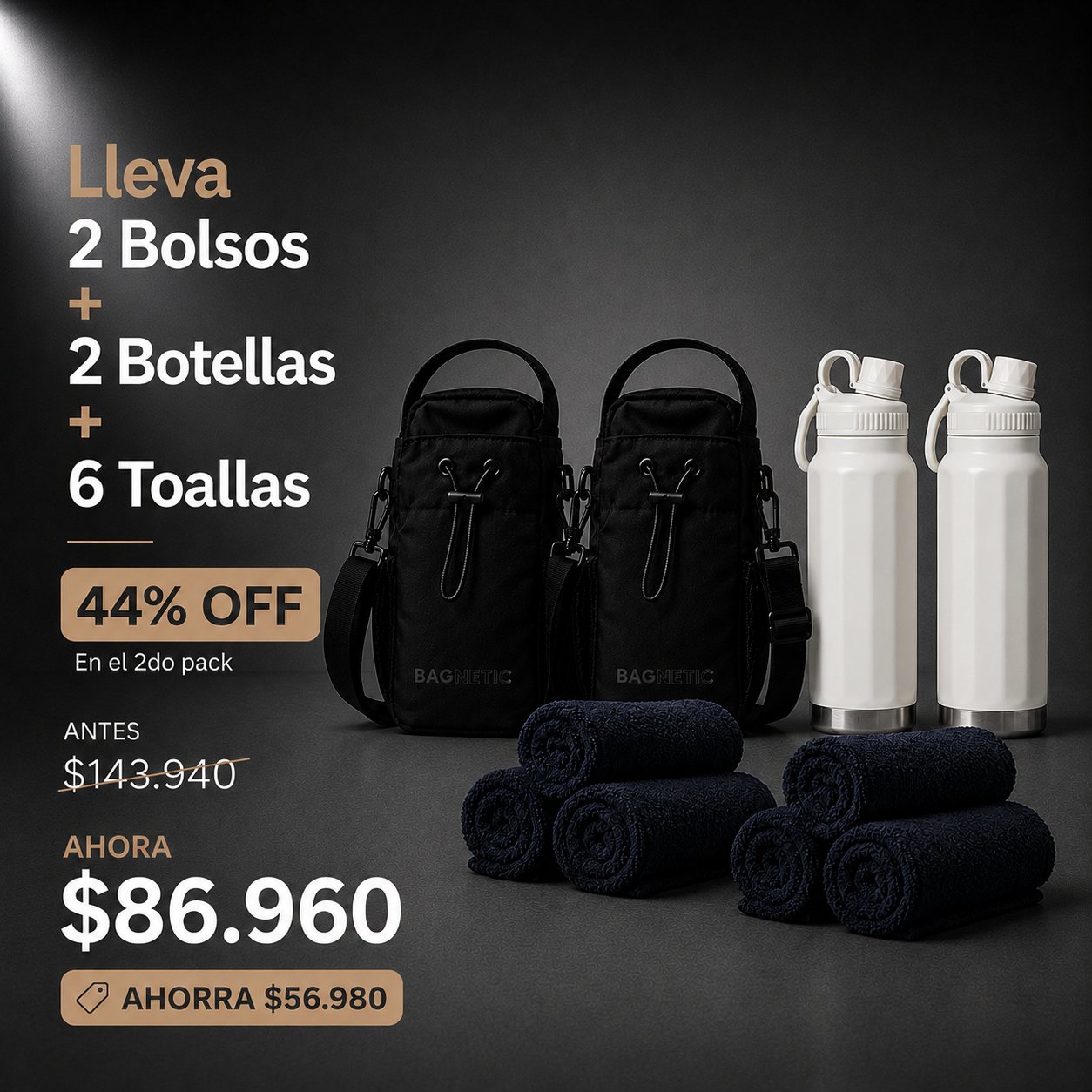 Pack Bolso Magnético Superior + Botella Inox 800 ml + 3 Toallas Negras