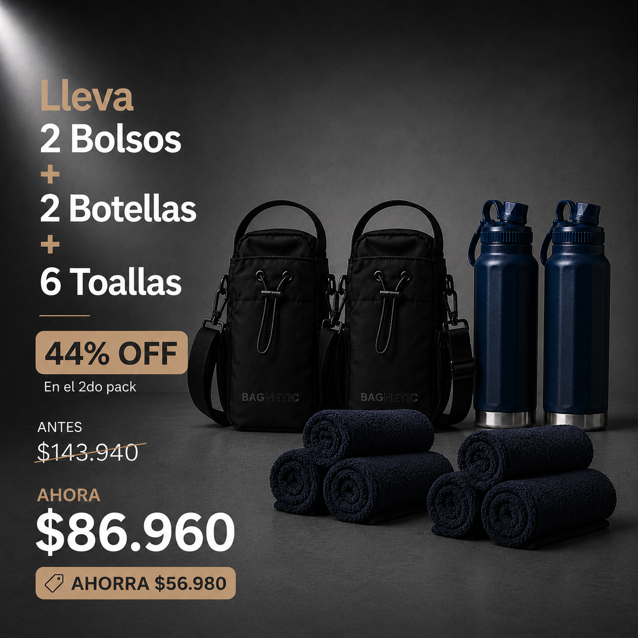 Pack Bolso Magnético Superior + Botella Inox 800 ml + 3 Toallas Negras