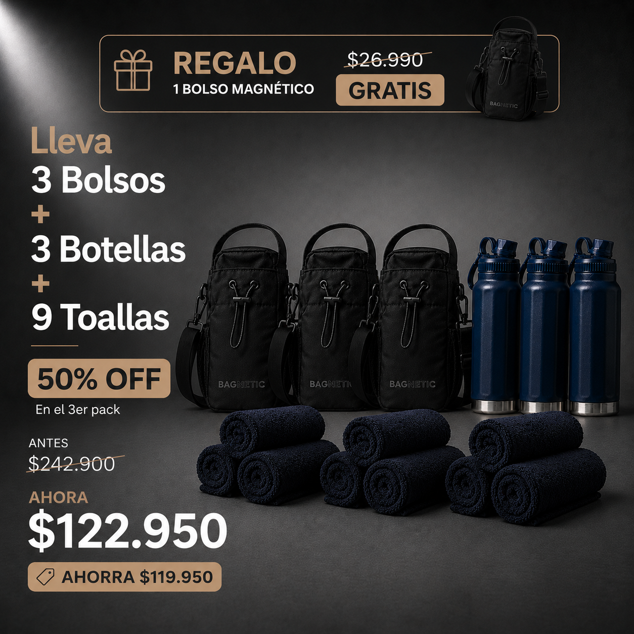 Pack Bolso Magnético Superior + Botella Inox 800 ml + 3 Toallas Negras