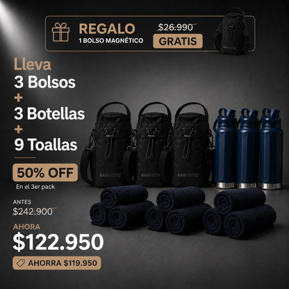 Pack Bolso Magnético Superior + Botella Inox 800 ml + 3 Toallas Negras