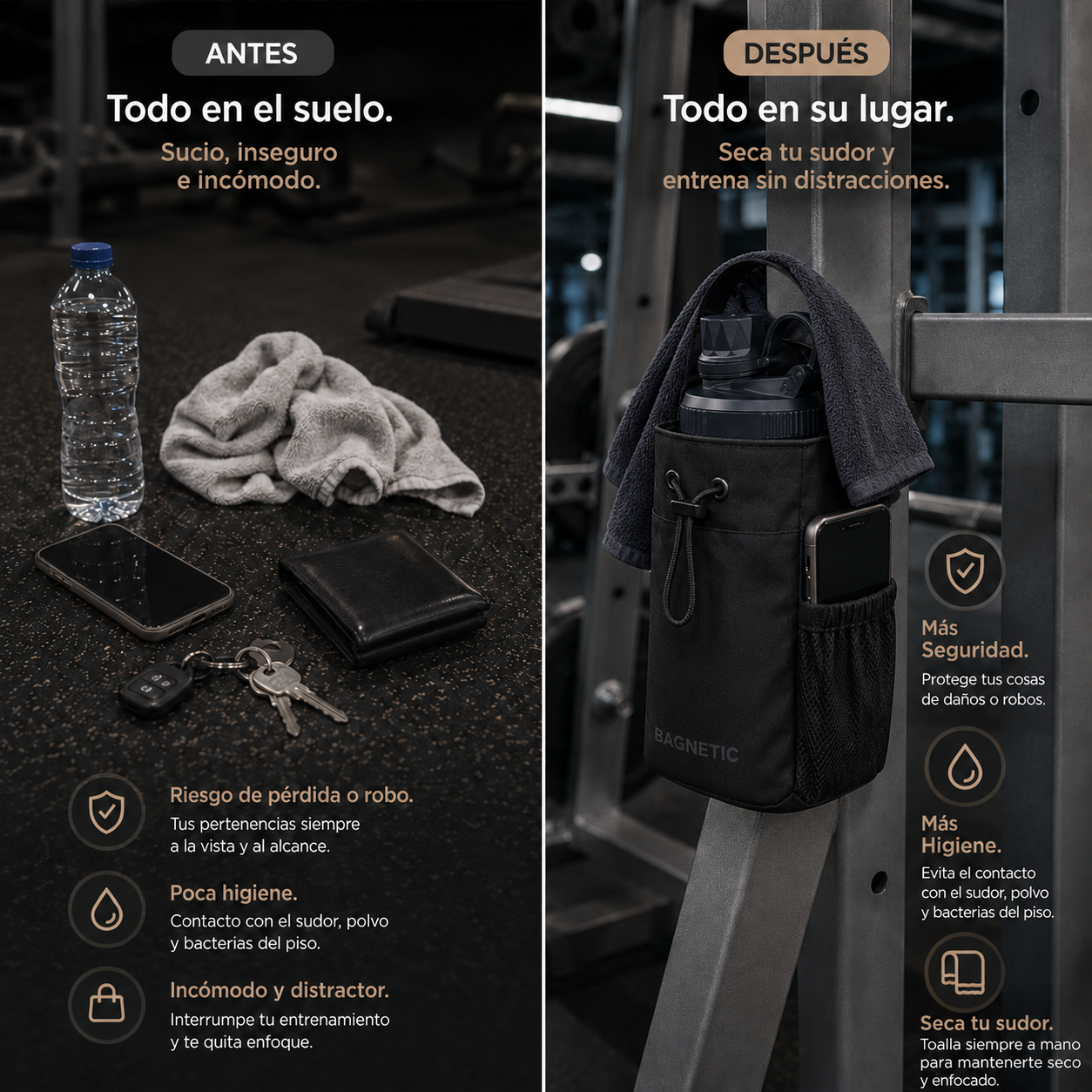 Pack Bolso Magnético Superior + Botella Inox 800 ml + 3 Toallas Negras