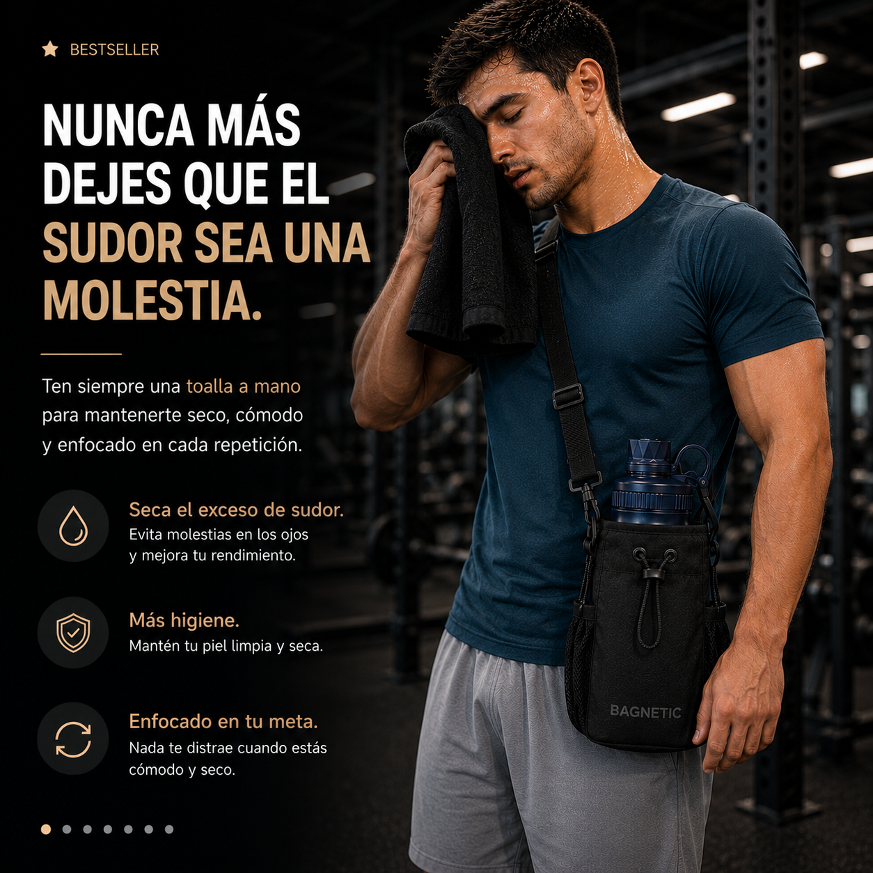 Pack Bolso Magnético Superior + Botella Inox 800 ml + 3 Toallas Negras