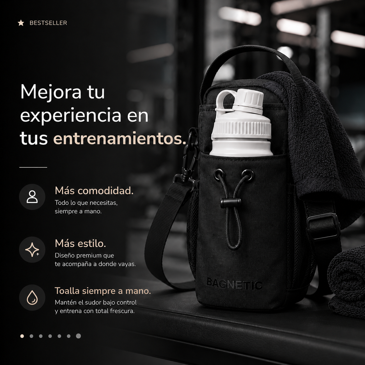 Pack Bolso Magnético Superior + Botella Inox 800 ml + 3 Toallas Negras