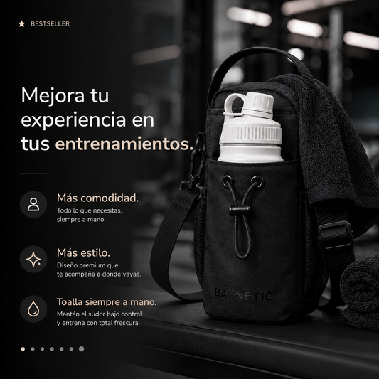 Pack Bolso Magnético Superior + Botella Inox 800 ml + 3 Toallas Negras