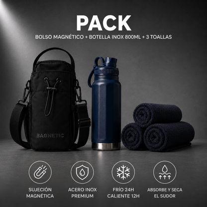 Pack Bolso Magnético Superior + Botella Inox 800 ml + 3 Toallas Negras
