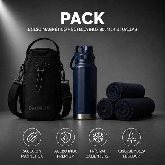 Pack Bolso Magnético Superior + Botella Inox 800 ml + 3 Toallas Negras
