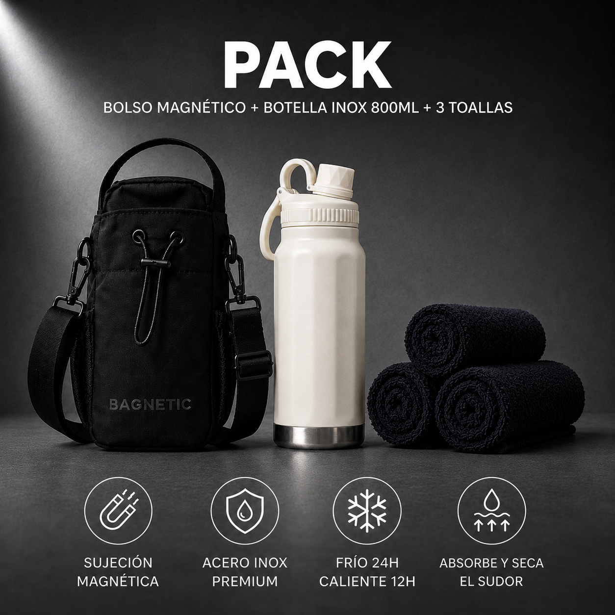 Pack Bolso Magnético Superior + Botella Inox 800 ml + 3 Toallas Negras
