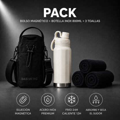 Pack Bolso Magnético Superior + Botella Inox 800 ml + 3 Toallas Negras