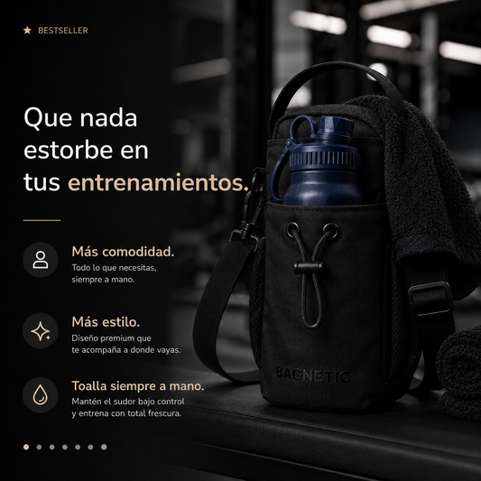 Pack Bolso Magnético Superior + Botella Inox 800 ml + 3 Toallas Negras