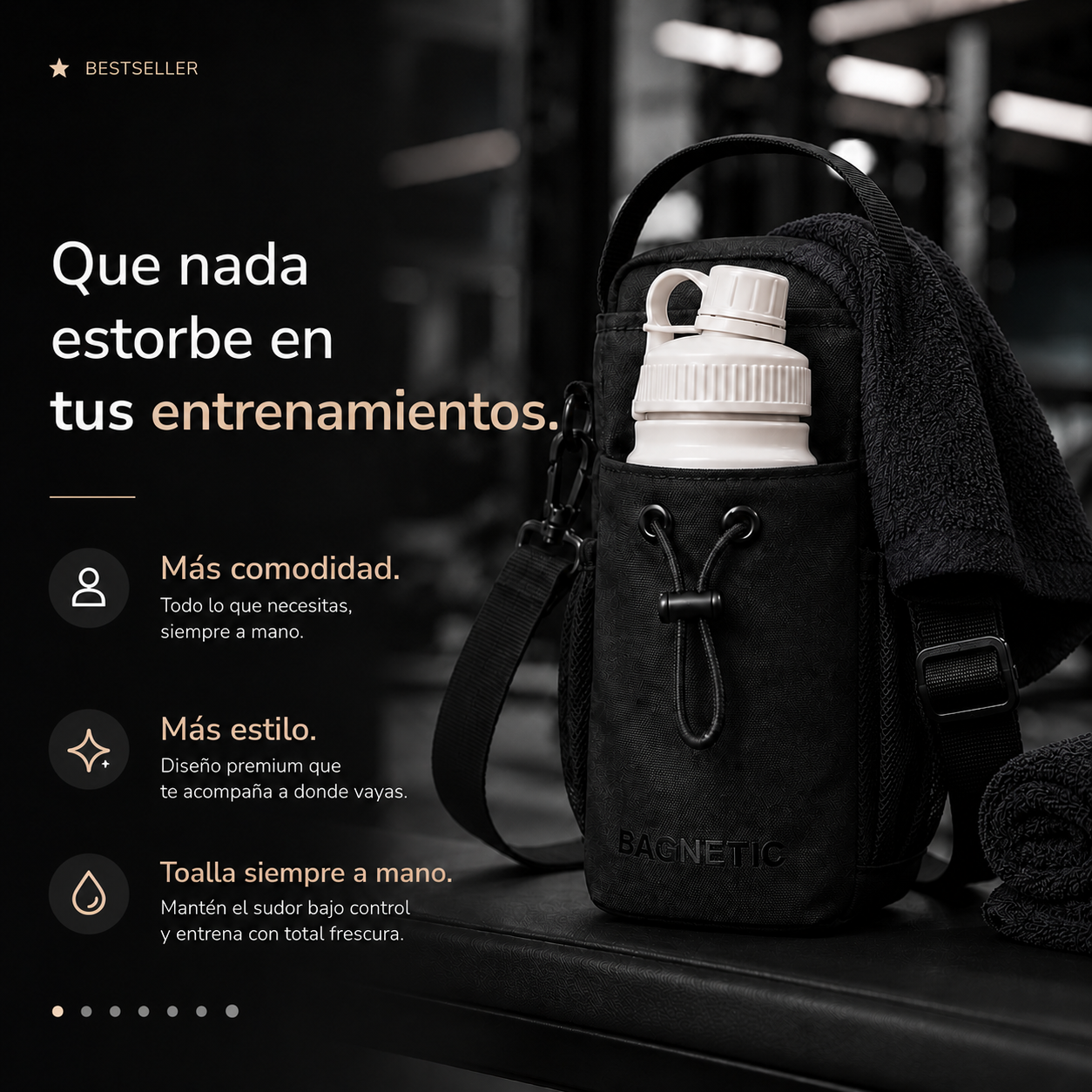 Pack Bolso Magnético Superior + Botella Inox 800 ml + 3 Toallas Negras