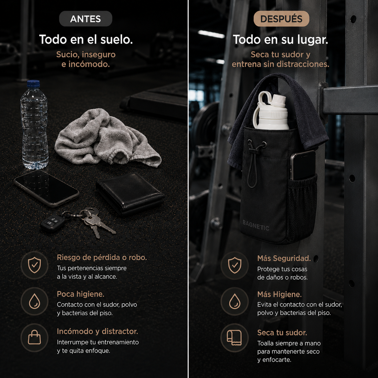 Pack Bolso Magnético Superior + Botella Inox 800 ml + 3 Toallas Negras