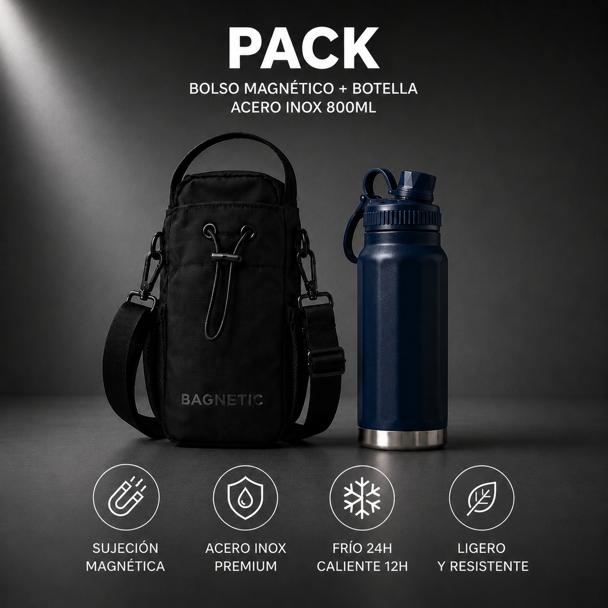 Pack Bolso Magnético Superior + Botella Inox 800 ml