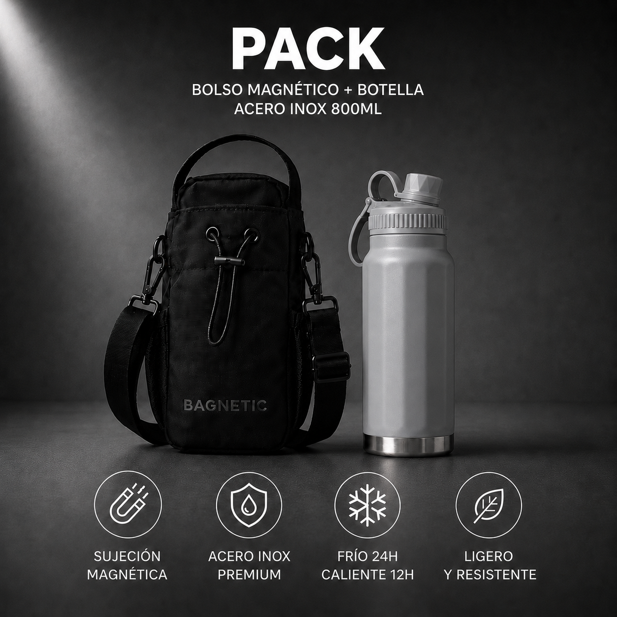 Pack Bolso Magnético Superior + Botella Inox 800 ml