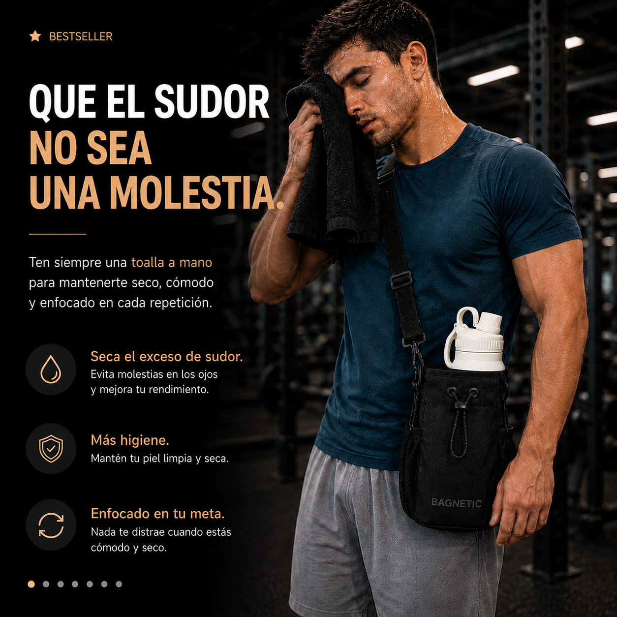 Pack Bolso Magnético Superior + Botella Inox 800 ml + 3 Toallas Negras